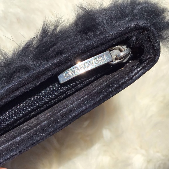 Elegant Swarovski Leather and Crystal Fur Trimmed Top Zip Satin Lined Cutch